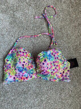 Victoria's Secret Women's Ruffle Halter Bikini Top, Floral, size 32C NWT